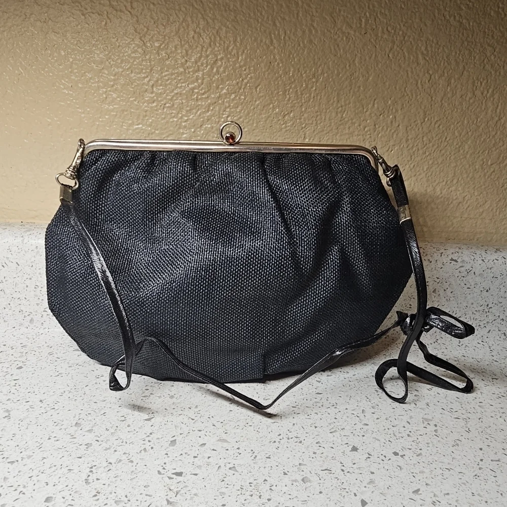 Vintage Italian Structured Frame Purse – Black Woven Fabric & Silvertone Hardwar